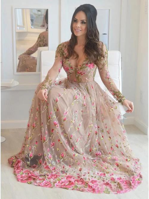 A-Line V-Neck Long Sleeves Tulle Prom Dresses with Floral Appliques INN10