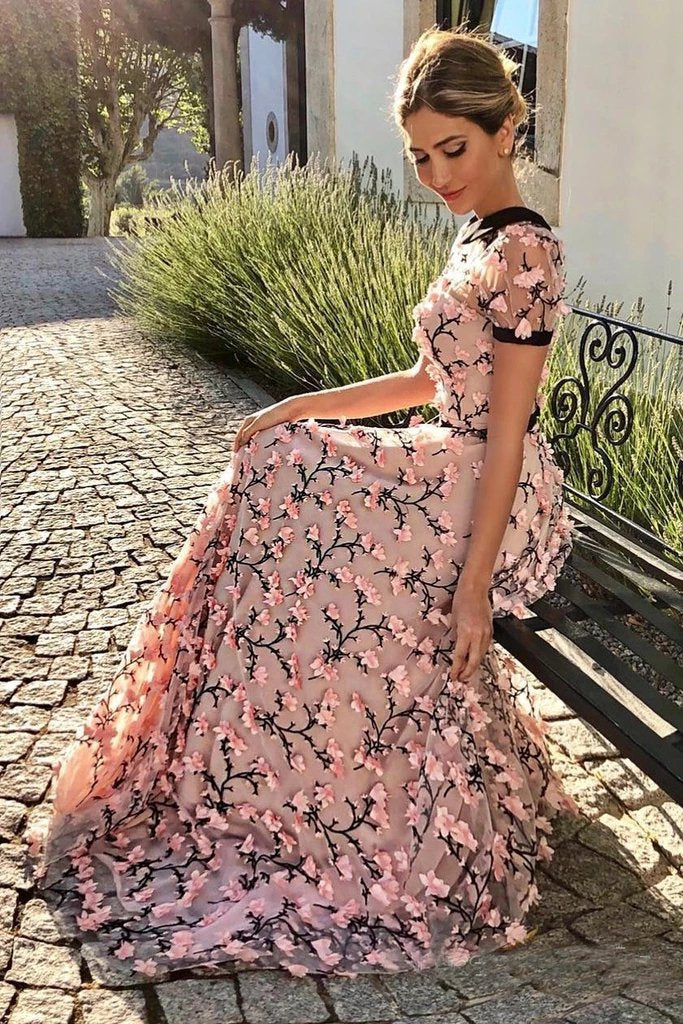 Floral Long Short Sleeves Cheap Prom Dresses with Appliques INN12