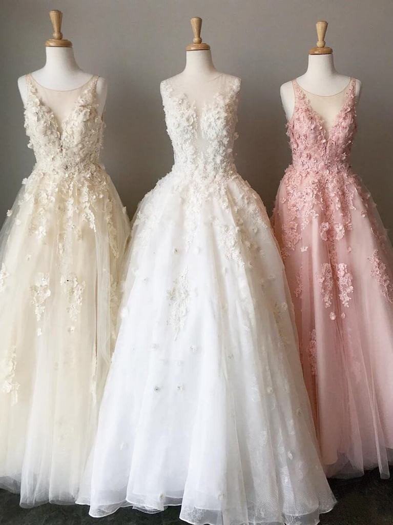 A Line Long Lace Applique Prom Dresses Cheap Tulle Evening Dresses INH43