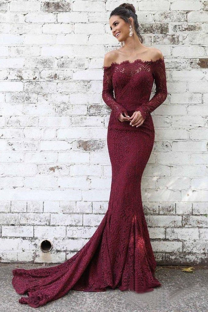 Long Sleeve Lace Maroon Mermaid Prom Dresses Off the Shoulder Evening Dress INL43