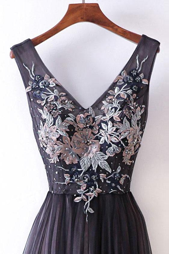 Elegant A-line V-neck Lace Appliqued Lace Up Long Prom Dresses Evening Gowns INA84