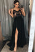 Unique A-Line Spaghetti Straps Black Split Long Prom Dress with Lace INA87