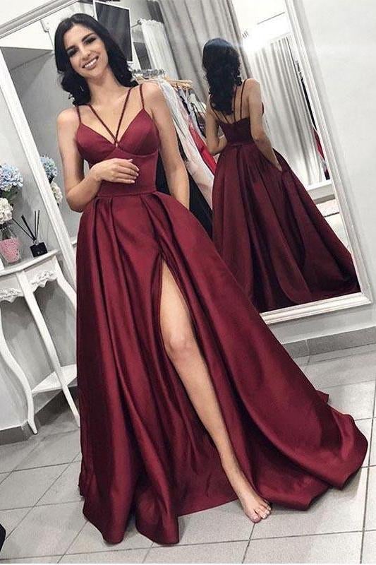 Maroon Spaghetti Straps Side Slit Long A Line Elegant Evening Prom Dresses INI58
