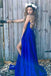 Simple Scoop A Line Split Side Royal Blue Straps Satin Prom Dress IN762