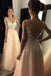 beautiful V-Neck Beaded Long A-line Tulle Backless Prom Dresses With Appliques IN812