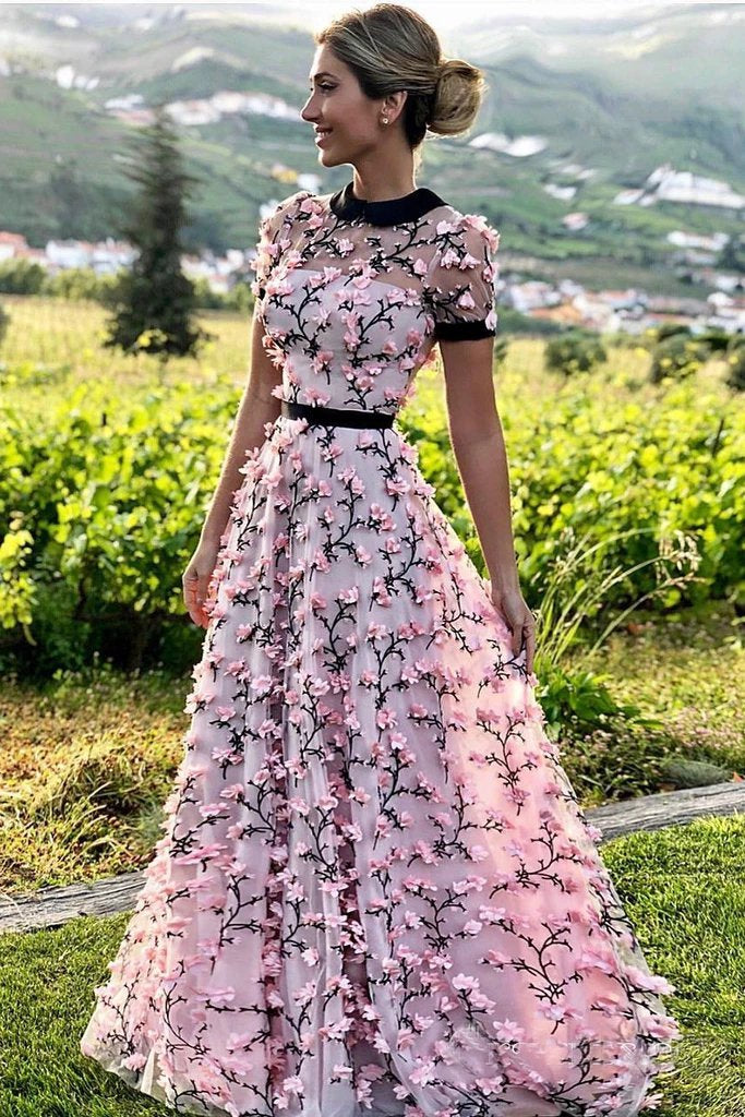 Floral Long Short Sleeves Cheap Prom Dresses with Appliques INN12