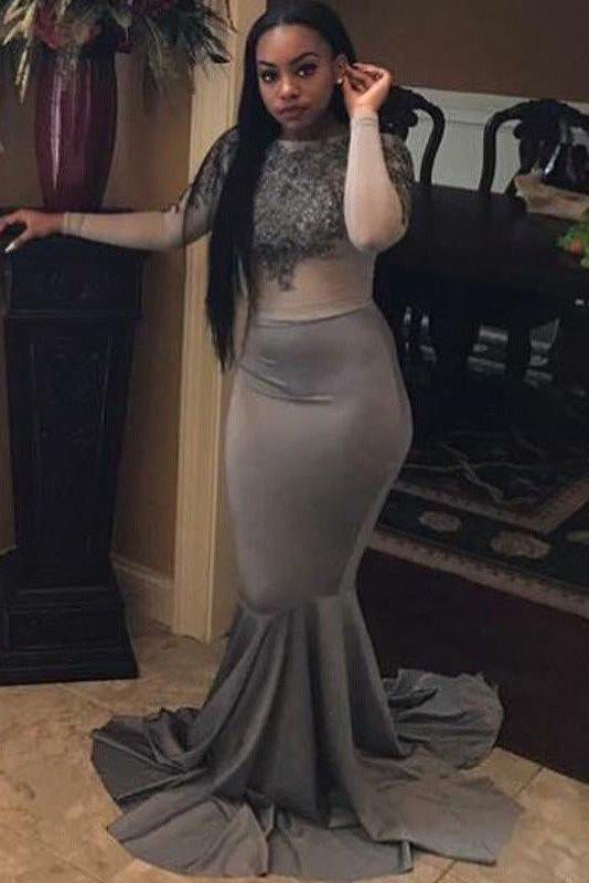 Trumpet/Mermaid Long Sleeves Applique Grey Plus Size Dresses INF43