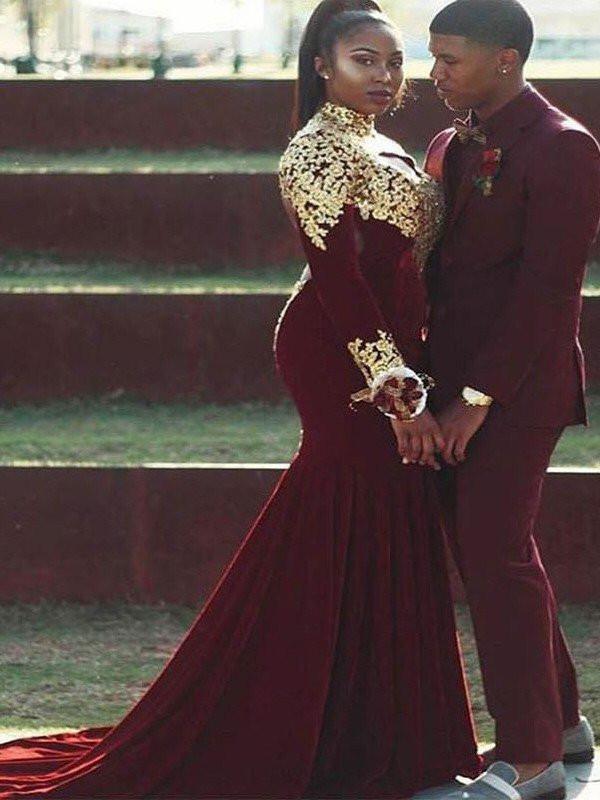 Trumpet/Mermaid High Neck Long Sleeves Applique Burgundy Plus Size Prom Dresses INF40