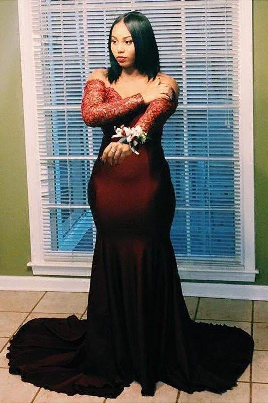 Mermaid Off-the-Shoulder Long Sleeves Lace Applique Plus Size Prom Dresses INF41