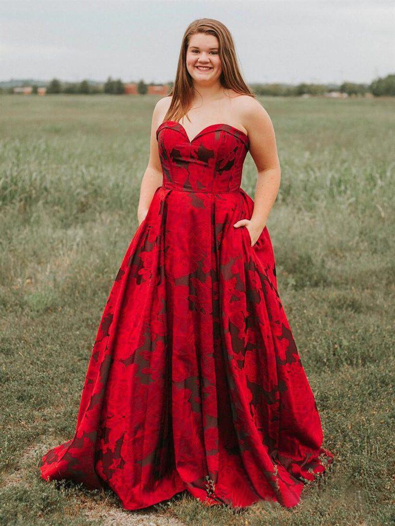 New Arrival Burgundy Sweetheart Floral Long Plus Size Prom Dresses with Pockets INH67