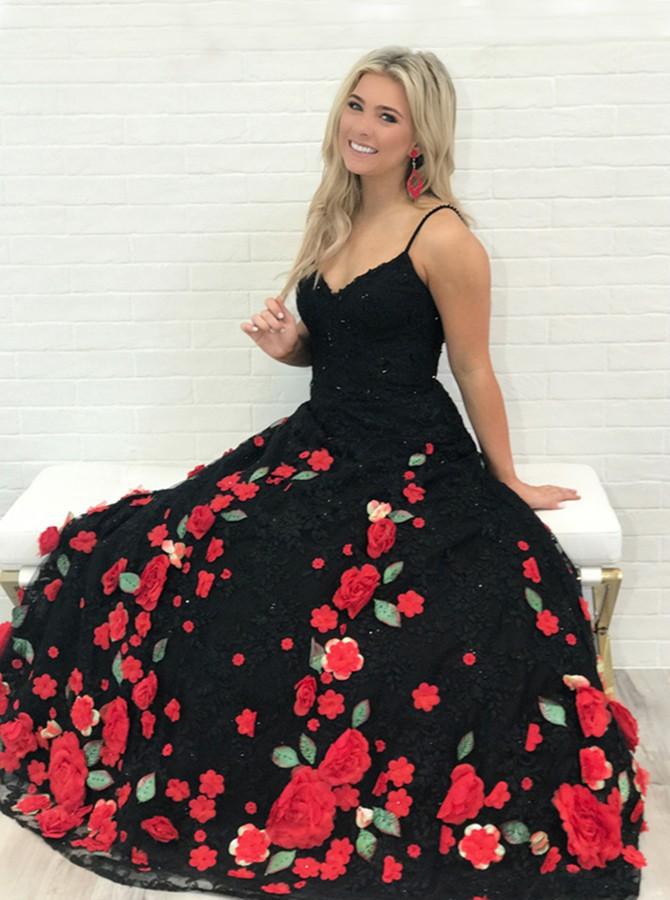 A-Line Spaghetti Straps Black Sweep Train A Line Prom Dress with Flowers INI74