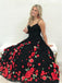 A-Line Spaghetti Straps Black Sweep Train A Line Prom Dress with Flowers INI74