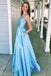 A-Line V-Neck Light Blue Spaghetti Straps Prom Dress with Pockets INJ10