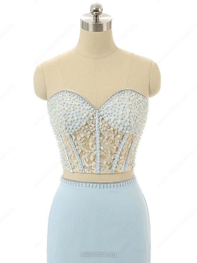 Elegant Mermaid Sweetheart Chiffon Sweep Train Split Front Light Sky Blue Prom Dresses IN621