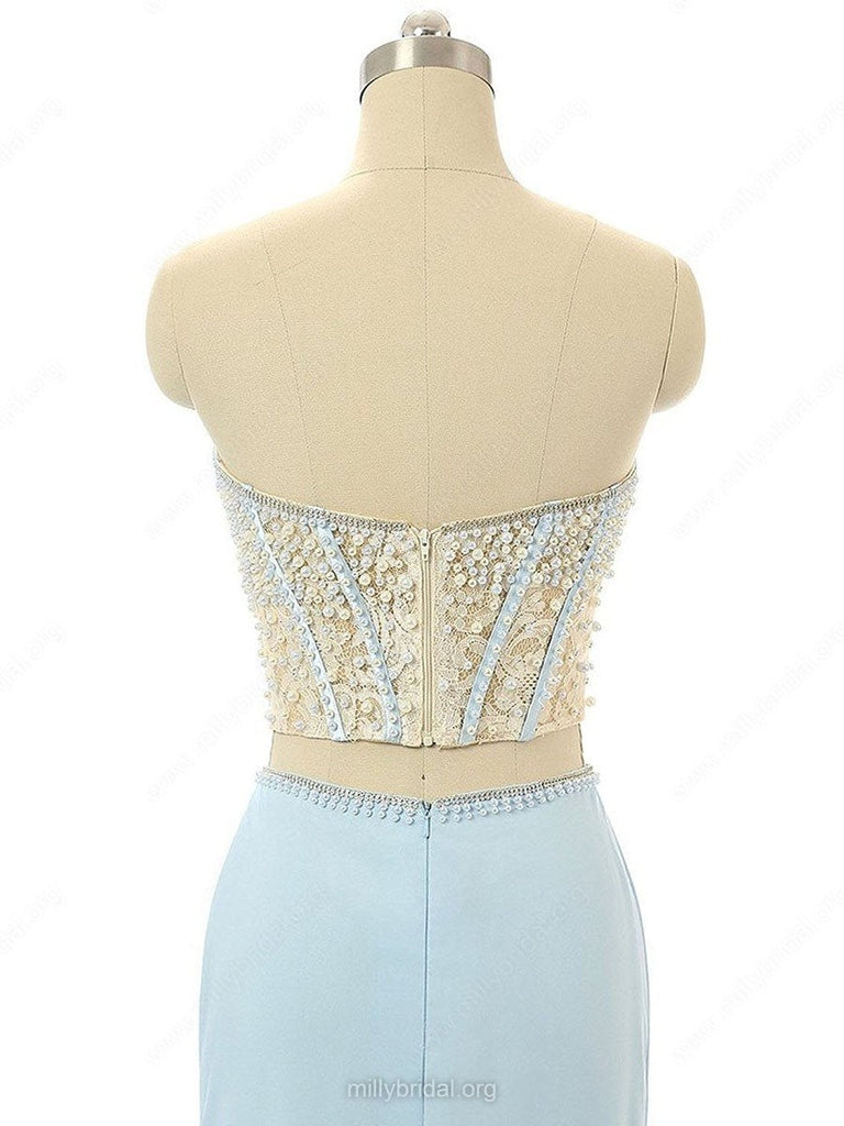 Elegant Mermaid Sweetheart Chiffon Sweep Train Split Front Light Sky Blue Prom Dresses IN621