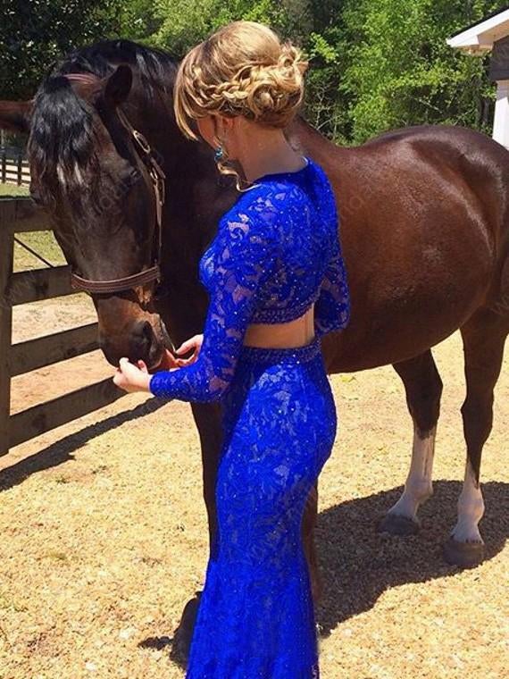 Elegant Sheath Scoop Neck Lace Beading Royal Blue Long Sleeve Two Piece Prom Dresses IN611