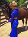 Elegant Sheath Scoop Neck Lace Beading Royal Blue Long Sleeve Two Piece Prom Dresses IN611