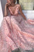 Pink Floral A Line Lace Long V Neck Spaghetti Strap V Neck Formal Prom Dress INH68