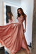 Pink V Neck Long Prom Dresses Lace Spaghetti Straps Prom Dress with Slit INI1