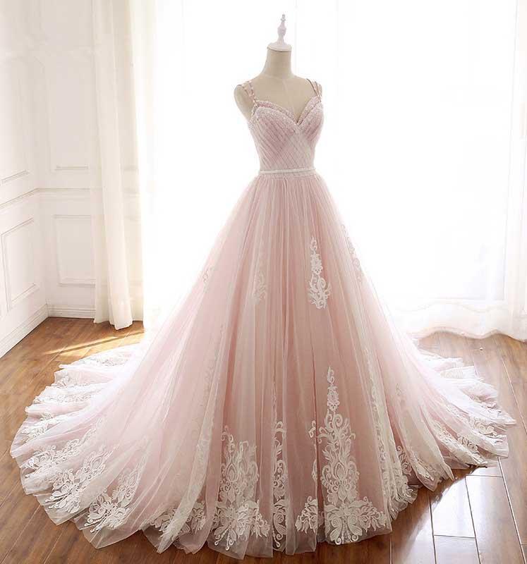 Pink Tulle Prom Dress with Lace Appliques, A Line Formal Evening Party Dresses INJ50