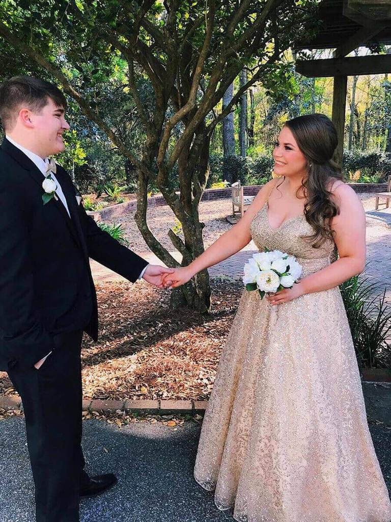 A Line Gold Lace Formal Prom Dresses Long Prom Dresses INO86