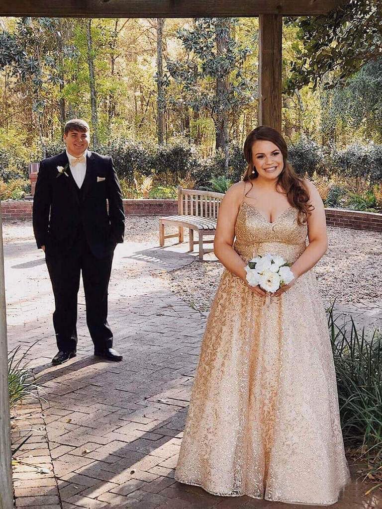 A Line Gold Lace Formal Prom Dresses Long Prom Dresses INO86