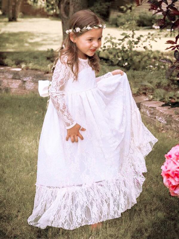 Ivory A-Line Long Sleeves Jewel Bowknot Lace Floor-Length Flower Girl Dress IN708