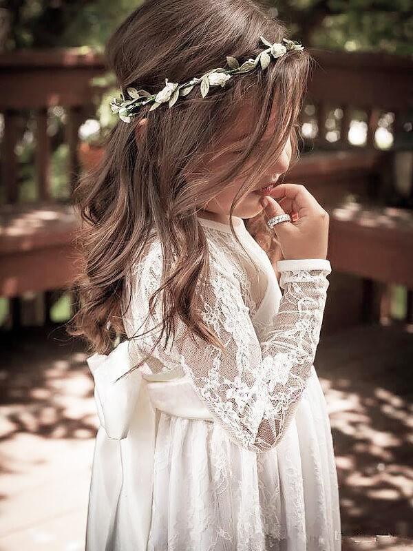 Ivory A-Line Long Sleeves Jewel Bowknot Lace Floor-Length Flower Girl Dress IN708