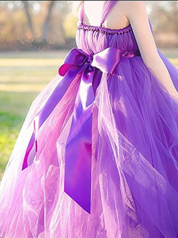 Fuchsia Ball Gown Straps Sleeveless Bowknot Floor-Length Tulle Flower Girl Dress IN706