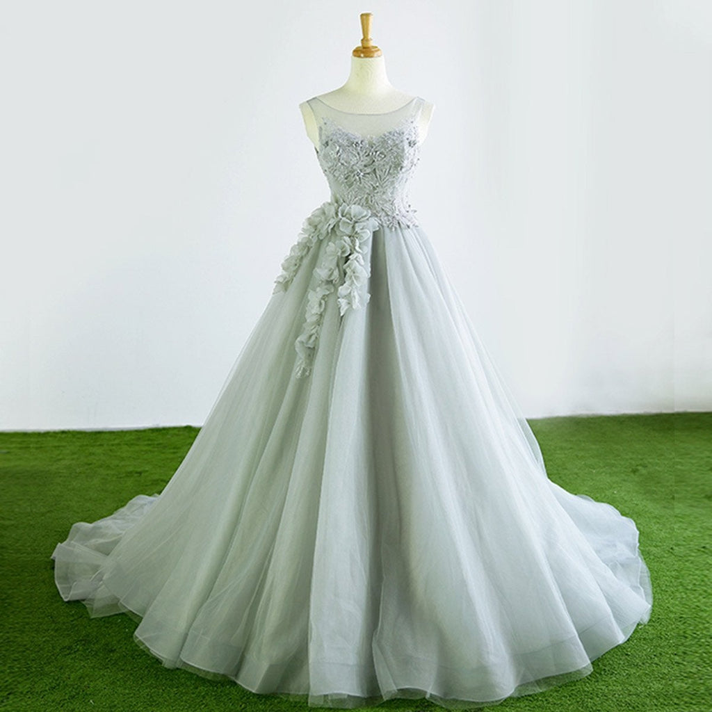 Gray Tulle Court Train Formal Long Prom Dress With Flowers IN942