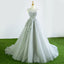 Gray Tulle Court Train Formal Long Prom Dress With Flowers IN942