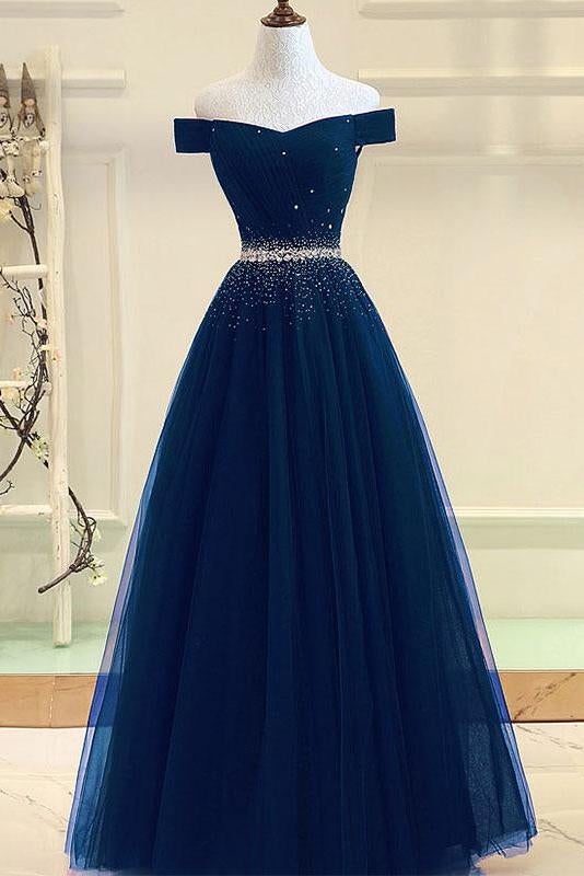 Burgundy A Line Off the Shoulder Beads Long Prom Dress INI52