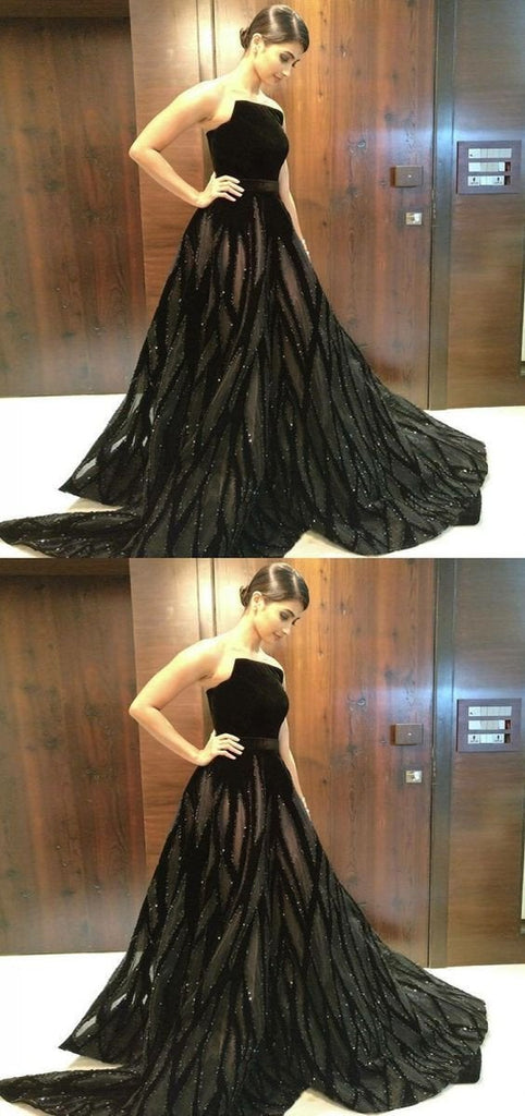 Unique A Line Black Strapless Long Prom Dresses With Beading INF50