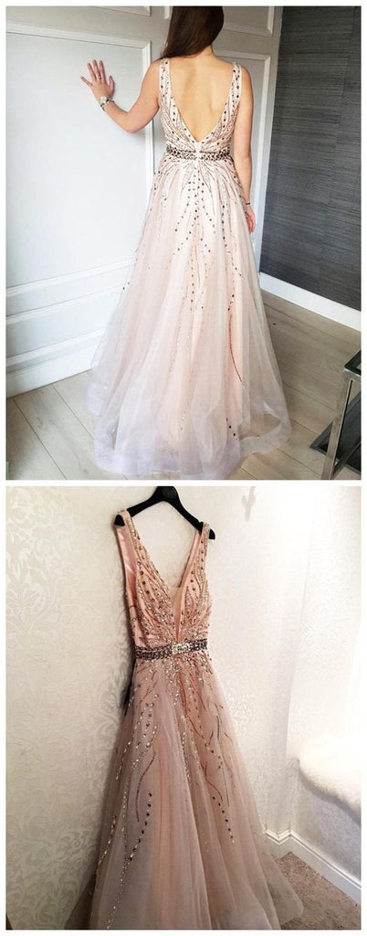Gorgeous Tulle V-neck Backless A-line Prom Dresses With Beads INE26