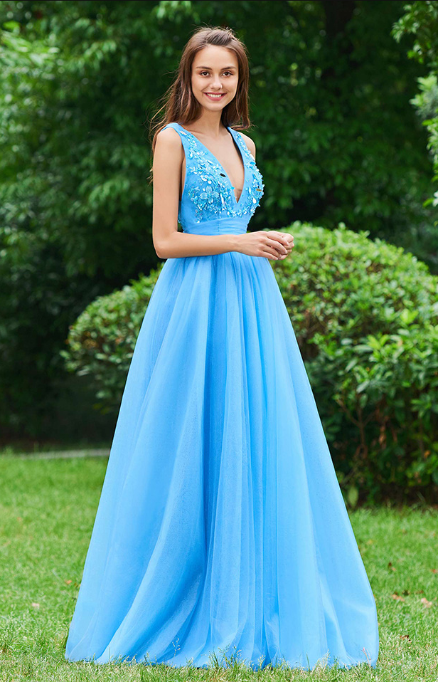 Blue V Neck A Line Sleeveless Appliques Backless Floor Length Prom Dresses INE28