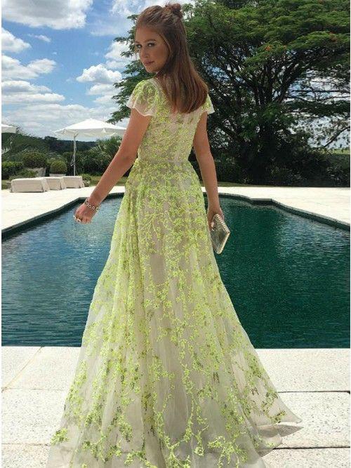 A-Line Lace Cap Sleeves Daffodil Tulle Long Prom Dress with Appliques INE46