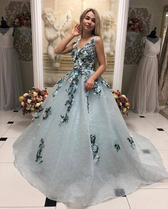 A Line V Neck Long Prom Gown With Appliques, Formal Evening Dress INL31