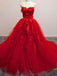 Charming Red Sweetheart Strapless Ball Gown Applique Tulle Long Prom Dress INE82