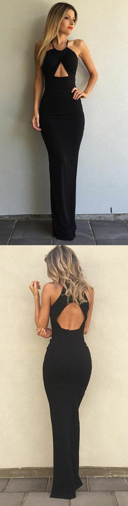 Sexy Open Back Mermaid Simple Cheap Black Long Prom Dresses INE50