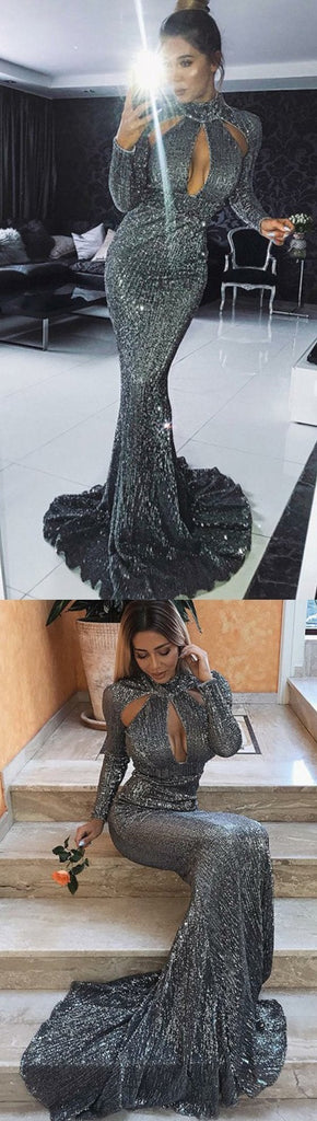 Sexy Long Sleeves Sequin Mermaid Shinning Sweep Train Cheap Prom Dresses INE51