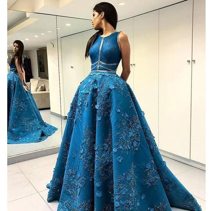 Unique Applique Formal A Line Blue Long Cheap Prom Dresses INF96