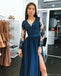 A Line Long Sleeves V Neck Dark Blue Prom Dresses With Appliques INI67