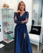 A Line Long Sleeves V Neck Dark Blue Prom Dresses With Appliques INI67