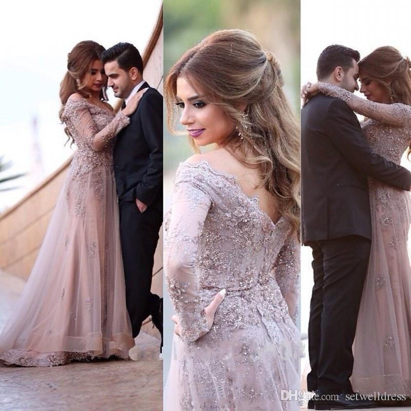 Chic A line Off-the-shoulder Long Sleeves Tulle Appliques Prom Dress IN991