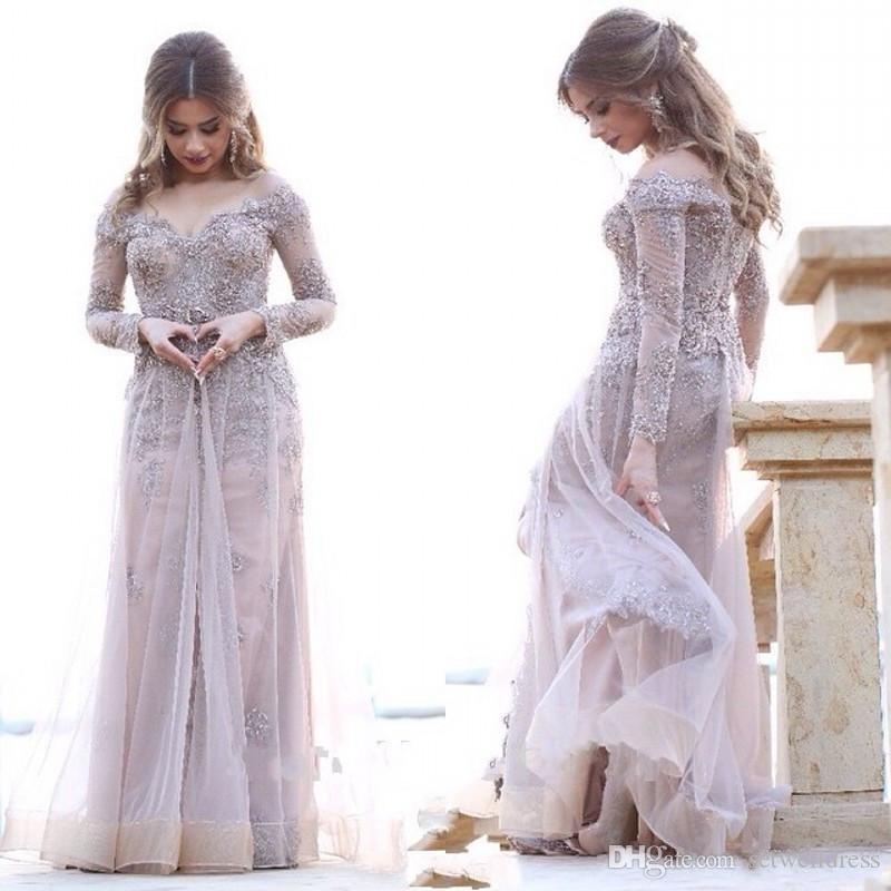 Chic A line Off-the-shoulder Long Sleeves Tulle Appliques Prom Dress IN991