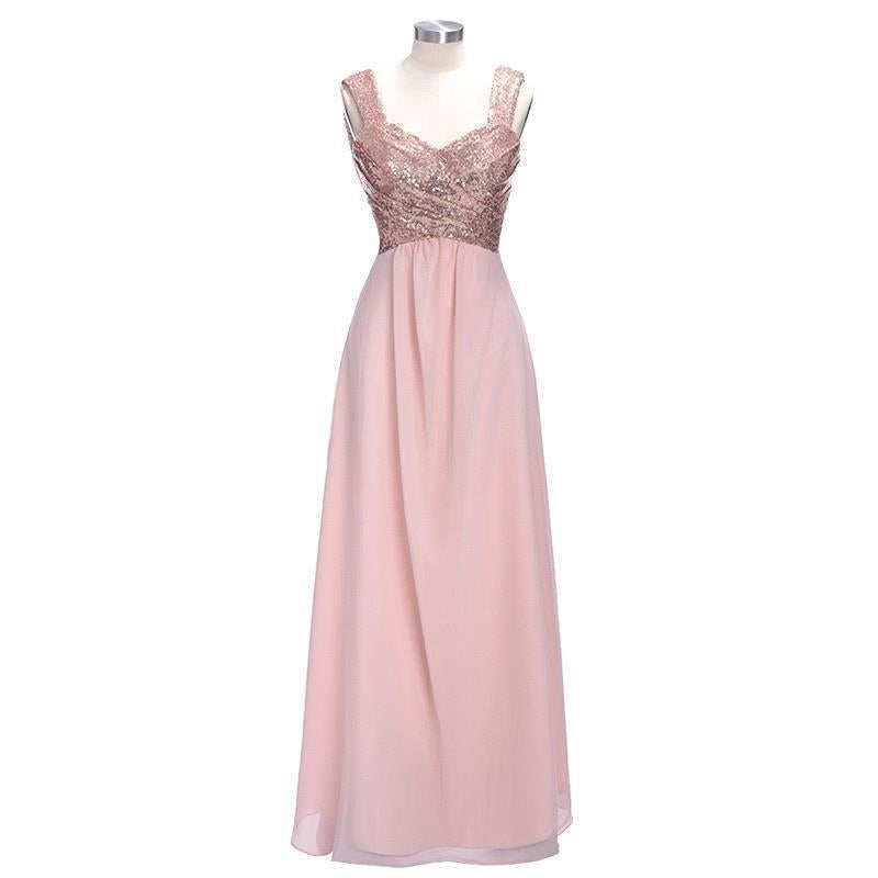 Rose Gold A Line Spaghetti Straps Prom Gown Backless Sequins Chiffon Bridesmaid Dress INI10