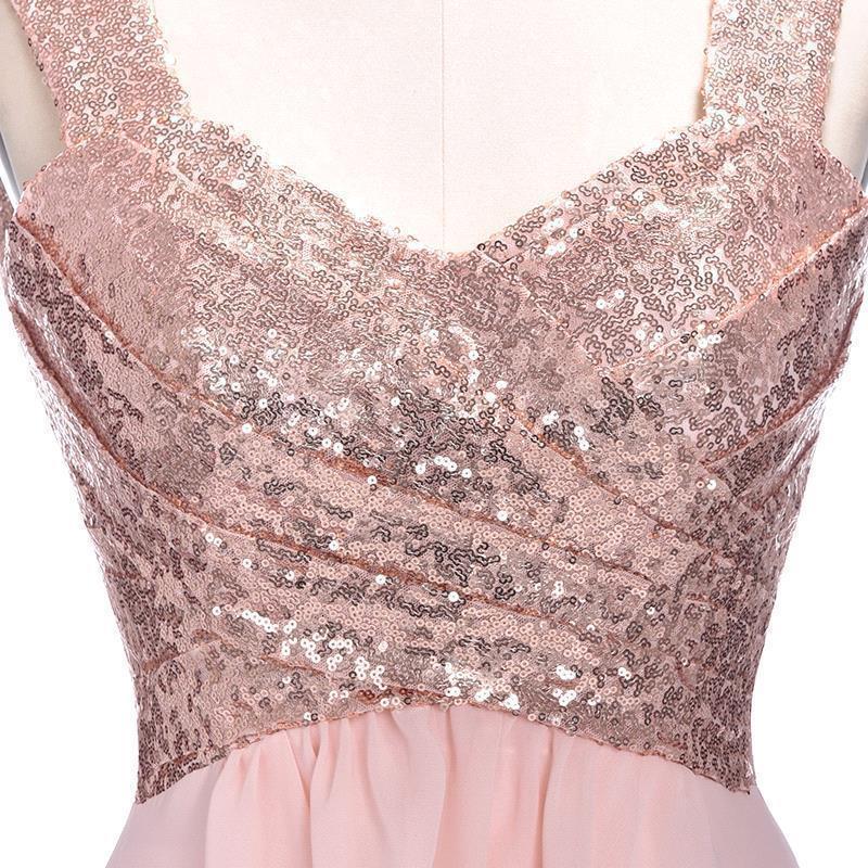 Rose Gold A Line Spaghetti Straps Prom Gown Backless Sequins Chiffon Bridesmaid Dress INI10
