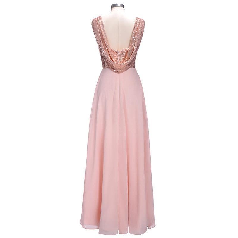 Rose Gold A Line Spaghetti Straps Prom Gown Backless Sequins Chiffon Bridesmaid Dress INI10