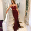 Mermaid Spaghetti Straps Long Burgundy Prom Dress with Lace Appliques INE83