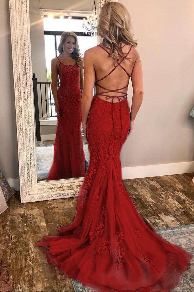 Burgundy Spaghetti Strap Mermaid Stunning Prom Dresses with Lace Appliques INJ3